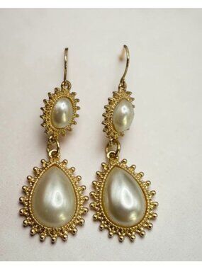 Faux Pearl Gold Tone Drop Earrings Baroque Style Evening Formal Bridal Prom